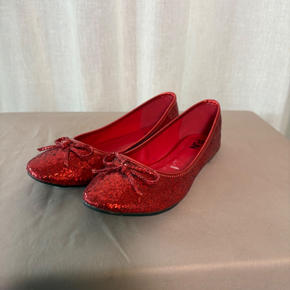 FUN.com Size 7 Red Glitter Bow Ballet Flats